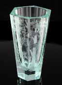 A Moser green tinted glass tapering hexagonal vase, wheel engraved with a pheasant in flight amid
