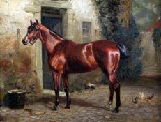 L.H. 1887oil on canvas,Portrait of a chestnut hunter outside a stable,monogrammed and dated '87,14 x