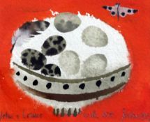 § Mary Fedden (1915-2012)gouache and watercolour,Bird's egg and feather on orange, signed and
