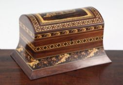 A Victorian rosewood and Tunbridge ware dome top stationery box, the lid with a view of Tonbridge