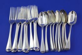 Ten Victorian silver Hanovarian pattern table forks and nine Old English pattern dessert spoons by