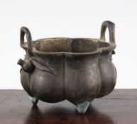 A Chinese bronze lobed censer, probably 18th / 19th century, cast with a pair of pomegranate sprig