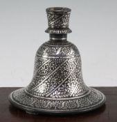 An Indian Bidri ware bell shaped hu'qqa base, 19th century, decorated with repeating panels of
