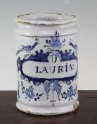 A Delft blue and white cylindrical wet drug jar, early 18th century, titled 'U LAURIN' and within