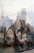 Paul Marny (1829-1914)watercolour,Amiens Cathedral from the River Oise,signed,17.5 x 12in.