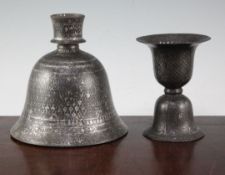 An Indian Bidri ware bell shaped hu'qqa base and a similar cup, 19th century, the first decorated