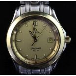 A gentleman's 18ct gold and steel Omega Seamaster quartz wristwatch, the yellow dial with baton