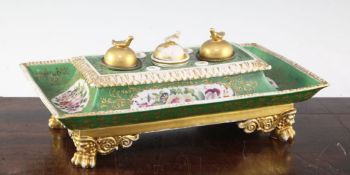 A Paris porcelain Empire style inkstand, second half 19th century, of rectangular form, painted with