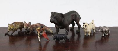 Two Austrian cold painted bronze models of foxes, an Austrian bronze Bulldog, a miniature silver