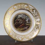 A Derby plate, early 19th century, painted to the centre with a fox attacking chickens, an angry