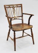 A 19th century boxwood inlaid fruitwood and elm Mendlesham elbow chair, on turned supports united by