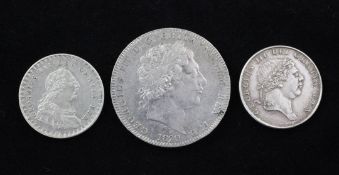 George III silver coinage- 1820 silver crown LX, 1814 eighteenpence and 1812 eighteenpence
