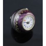 An early 20th century Swiss silver and amethyst guilloche enamel globe fob watch, with gilt scroll