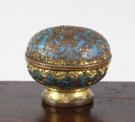 A Chinese gilt bronze and champleve enamel box and cover, 18th century, of compressed globular form,