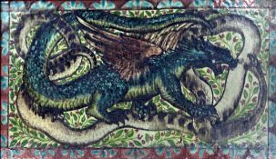 Attributed to John Pearson. An Arts & Crafts 'dragon and serpent' pottery plaque, c.1905, painted in
