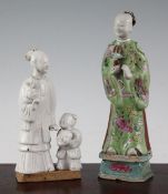Two Chinese glazed biscuit porcelain figures or groups, late 18th / early 19th century, the first