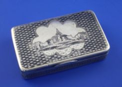 A mid 19th century Russian 84 zolotnik silver and niello snuff box, of rectangular form, the lid