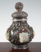 A Tibetan silver, jade, coral, malachite and turquoise mounted ritual jar and cover, 19th century,