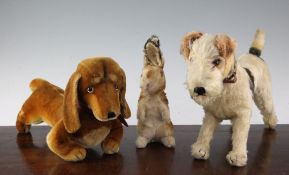 Three Steiff models, including a Daschund, a terrier and a rabbit, terrier 9in.