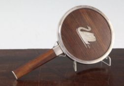 A Georg Jensen rosewood and silver mounted hand mirror, the back inlaid with a swan, marked with