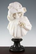 A late Victorian carved alabaster bust of a young girl holding a rose, on marble base, unsigned,