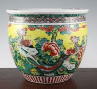 A Chinese yellow ground fish bowl, late 19th century, painted with two phoenixes amid peonies and