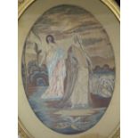 A Victorian oval silkwork picture, depicting a biblical scene of Moses on the river, within a gilt