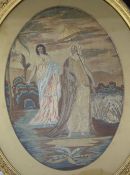 A Victorian oval silkwork picture, depicting a biblical scene of Moses on the river, within a gilt