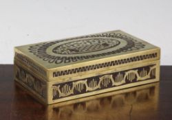 An Erhard & Sohne brass and rosewood rectangular cigarette box, the lid decorated with a central