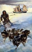 English Schoolwatercolour,Book illustration depicting an arctic expedition dog sleigh,indistinctly