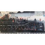 Sadahidetriptych woodblock print,Battle of Ouchi Castle (Osaka Castle assault), c.1851,13.75 x 27.