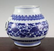 A rare Chinese blue and white two handled baluster vase, Zun, Qianlong period, applied with a pair