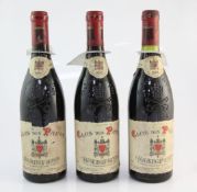 Three bottles of Clos des Papes 1990, Chateauneuf Du Pape rouge, two with very high fills, one 1.