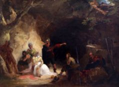 John Hamilton Mortimer (1740-1779)oil on panel,A theatrical scene with figures outside a cave,13 x