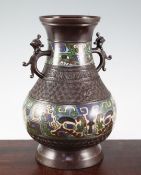 A Japanese bronze and champleve enamel baluster vase, late 19th century, in Chinese archaic style,