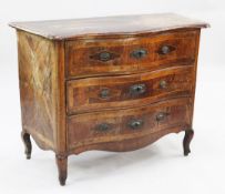 An 18th century Maltese walnut serpentine commode, fitted with three long drawers, with boxwood