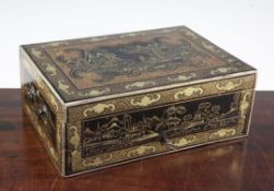 A Chinese export lacquer sewing box and ivory accessories, mid 19th century, the rectangular box