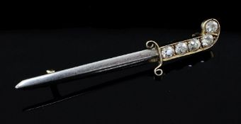 A gold and diamond dagger brooch, the handle set with five round cut stones, 2in.