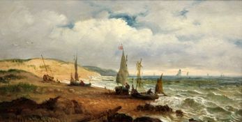 John Moore of Ipswich (1824-1908)oil on panel,Fishing boats along the coast,signed,5.25 x 10in.