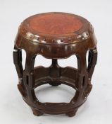 A Chinese rosewood barrel shaped stool, with openwork sides and circular burrwood inset top, W.1ft