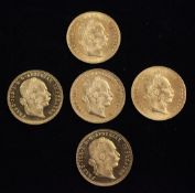 Five Austrian 1915 gold ducats (restrikes)