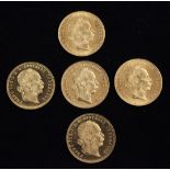 Five Austrian 1915 gold ducats (restrikes)