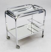 A 1950's chrome two tier trolley, with lift out two handled mirrored serving tray, W.2ft 1.5in