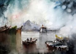 Orhan Gurel (Turkish, 1952-)watercolour,Harbour scene,signed and dated '97,19 x 26.5in.