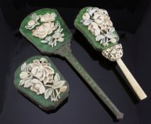 A Chinese enamel on copper and ivory mounted three piece dressing table set, the enamel on copper