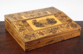 A Victorian rosewood Tunbridge ware writing slope, the lid with a view of a castle and bridge,