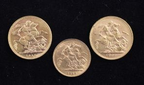 Two full gold sovereigns 1907 and 1917 and a half sovereign, 1913,