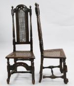 A pair of William & Mary walnut and beech side chairs, with caned backs and seats, and scrolled