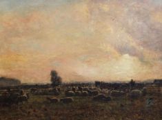 James William Buxton Knight (1842/4-1908)oil on canvas,Sheep in a meadow at sunset,signed,25 x