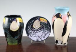 Sally Tuffin for Dennis Chinaworks. A 'penguin' vase and a 'toucan' vase and similar dish, impressed